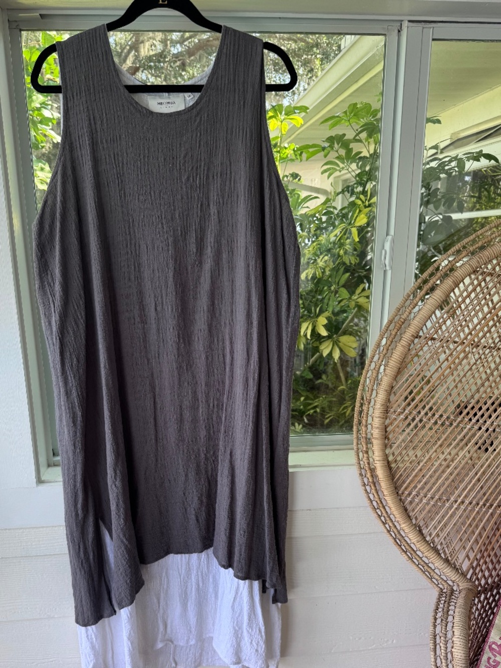 Meomua Cotton Linen Gauze Dress Sleeveless Gray & White Long Length 3XL